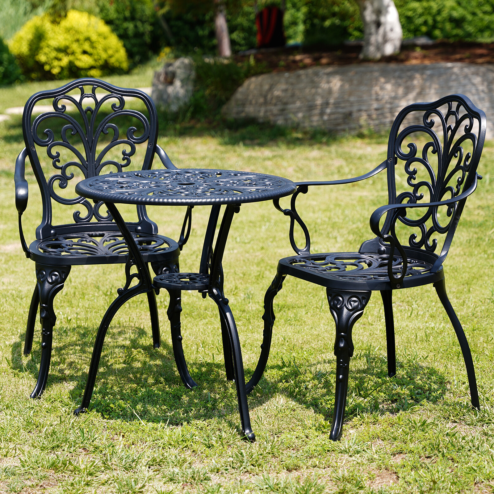 3 Piece Outdoor Bistro Set Cast Aluminum Patio Furniture Set Round Table Armrest
