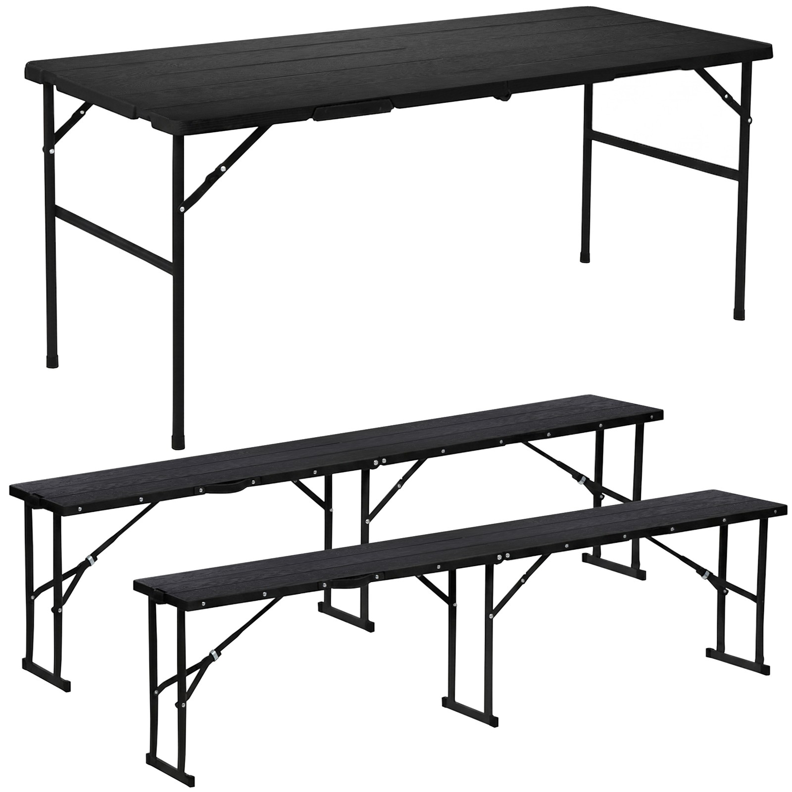 Black Folding Picnic Table Set w/ 2 Benches Waterproof Table for Camping