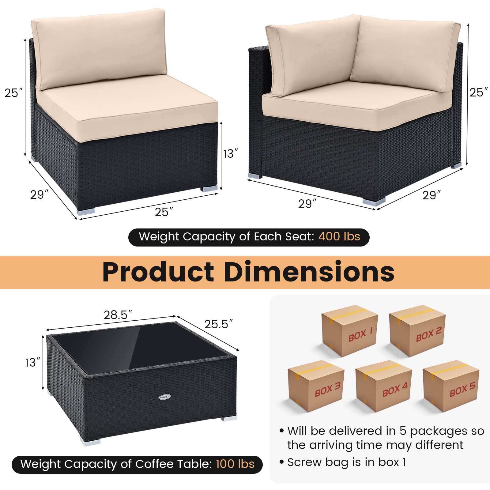 10 PCS Patio Rattan Furniture Set Outdoor Wicker Sofa Table Cushioned Seat Beige