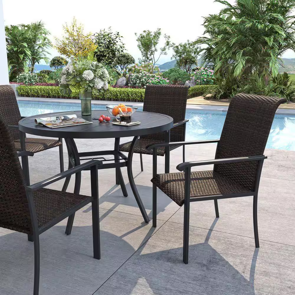 Rattan Outdoor Dining Chair Set of 2 with Rust-Resistant Metal Frame and High Ba