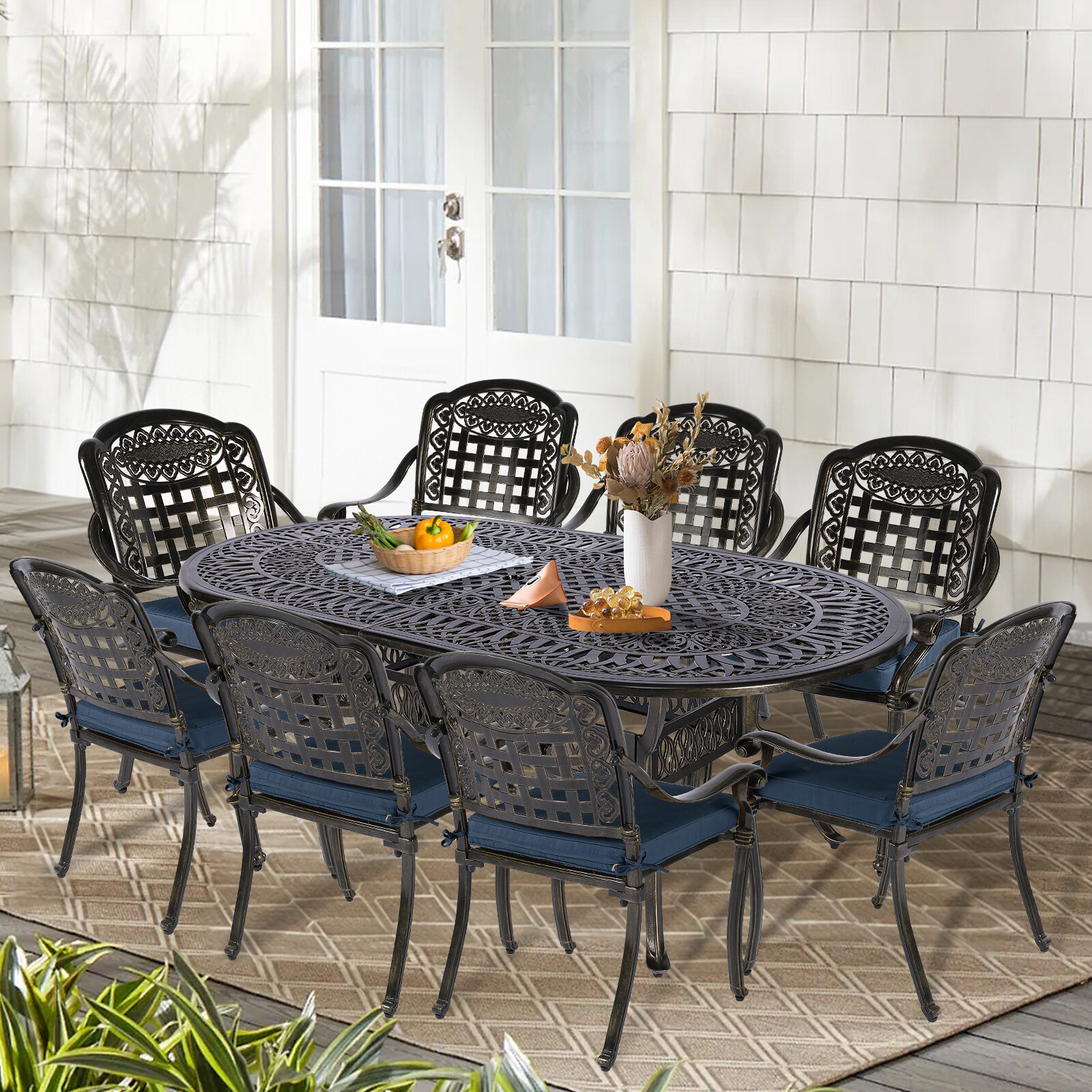9 PCS Patio Dining Set Outdoor Furniture Set w/ 8 Chairs & Large Oval Table