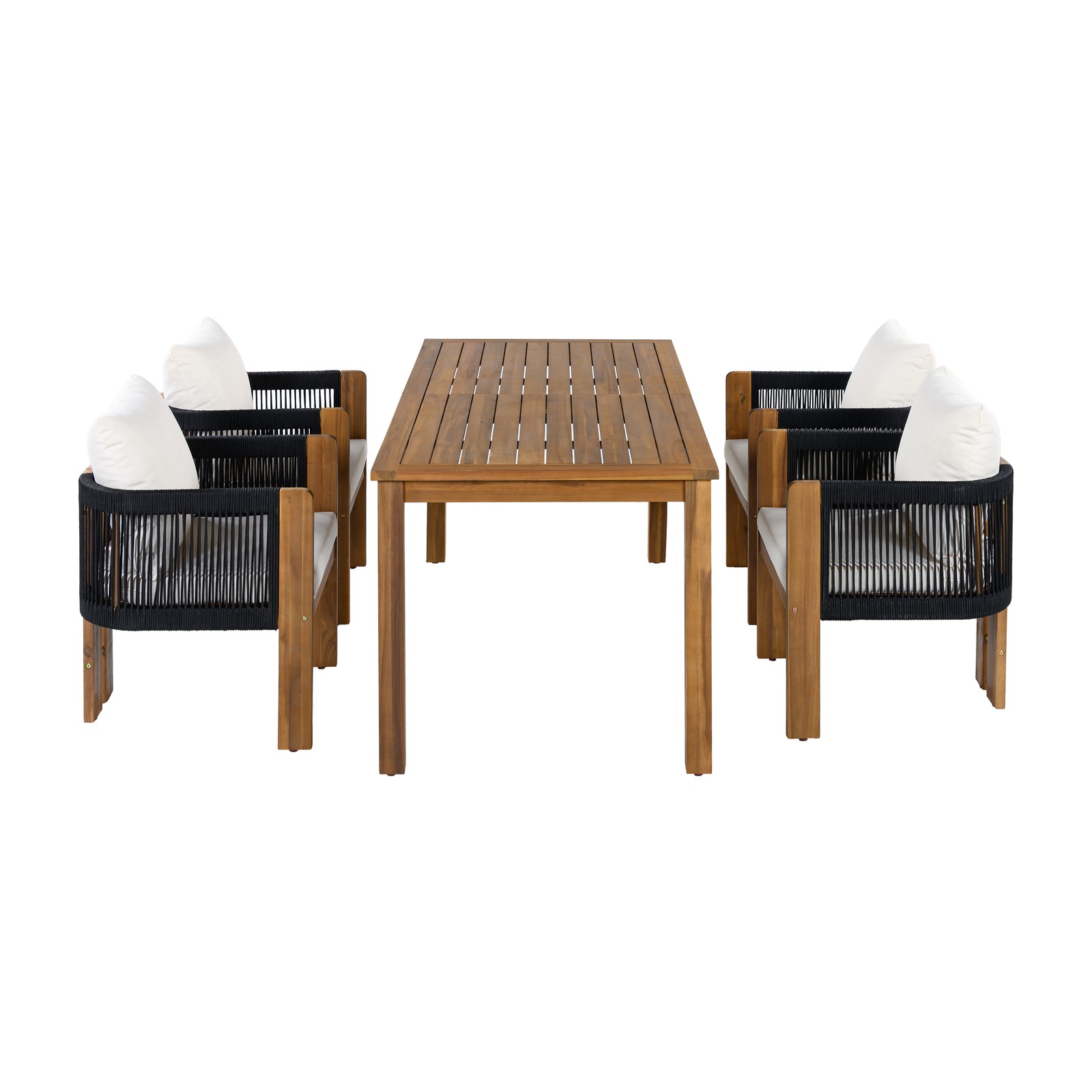 Acacia Wood Outdoor Patio Dining Set for 4 with Rope Woven Chairs & Cushions