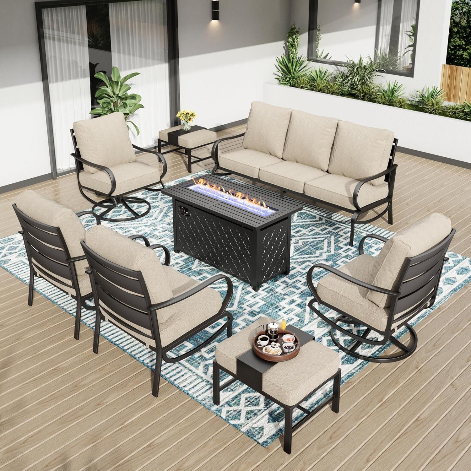 8 PCS Patio Furniture Set Garden Lawn Outdoor Set With Gas Fire Pit Table Heater