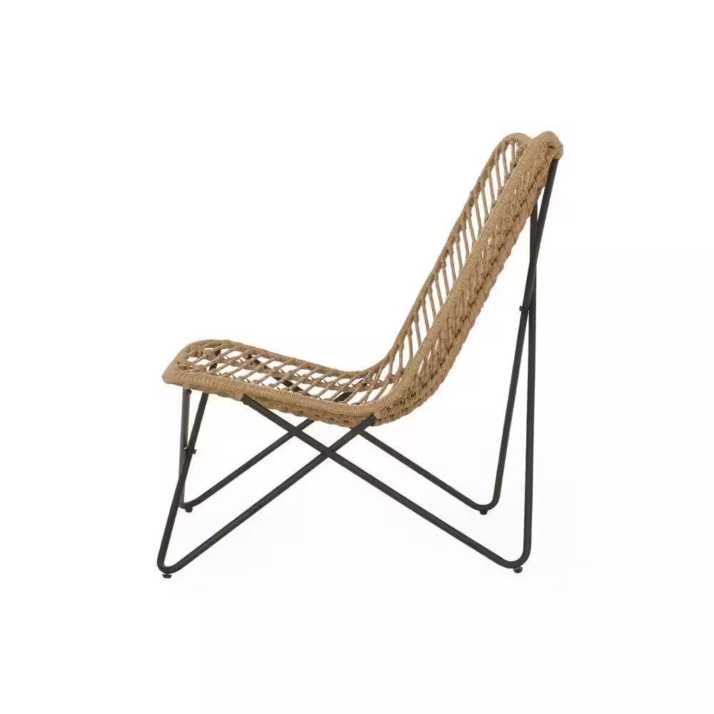 2-Pieces Light Brown PE Wicker and Metal Outdoor Lawn Chairs with Geometric Cros