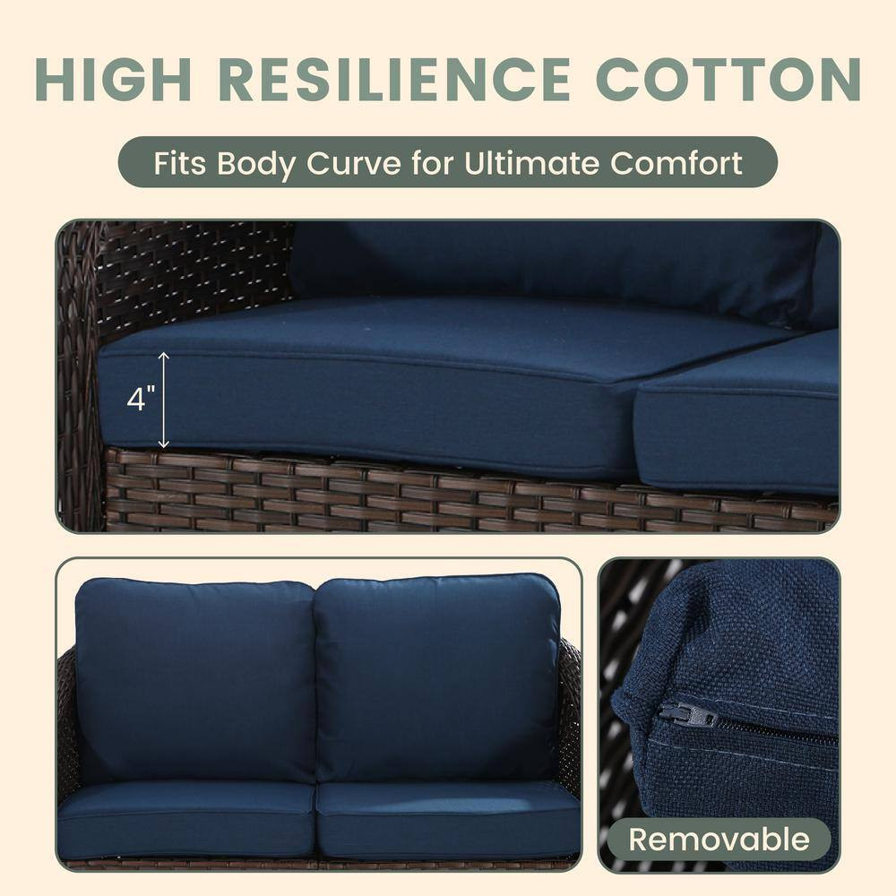 2-Seat Brown Wicker Outdoor Patio Loveseat with Blue Cushions