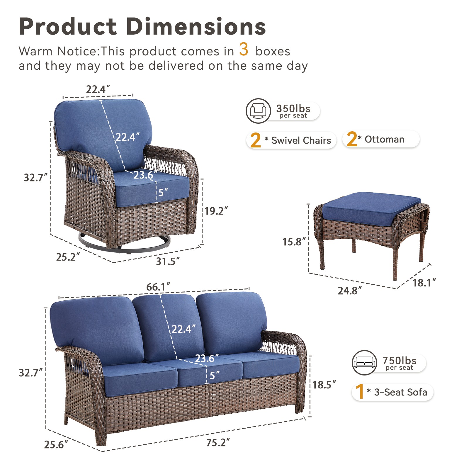 5″ Thick Cushioned 5-Piece Patio Set, Wicker Outdoor Sofa & Swivel Rockers