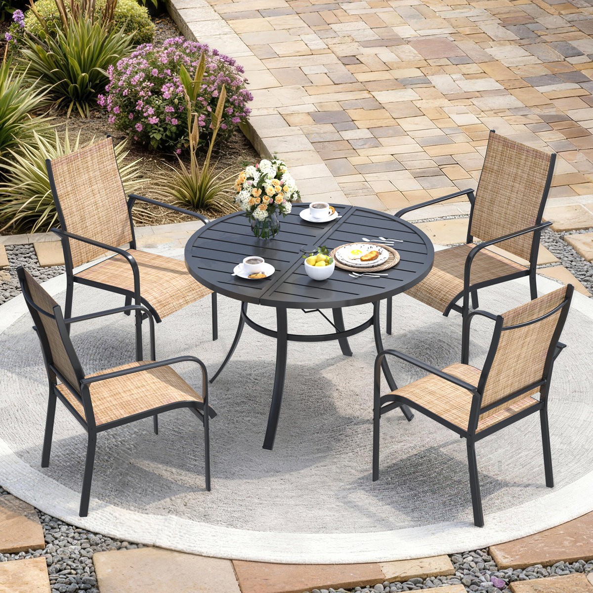 5 Piece Patio Dining Set Outdoor Round Iron Table Chairs for 4 Umbrella Hole