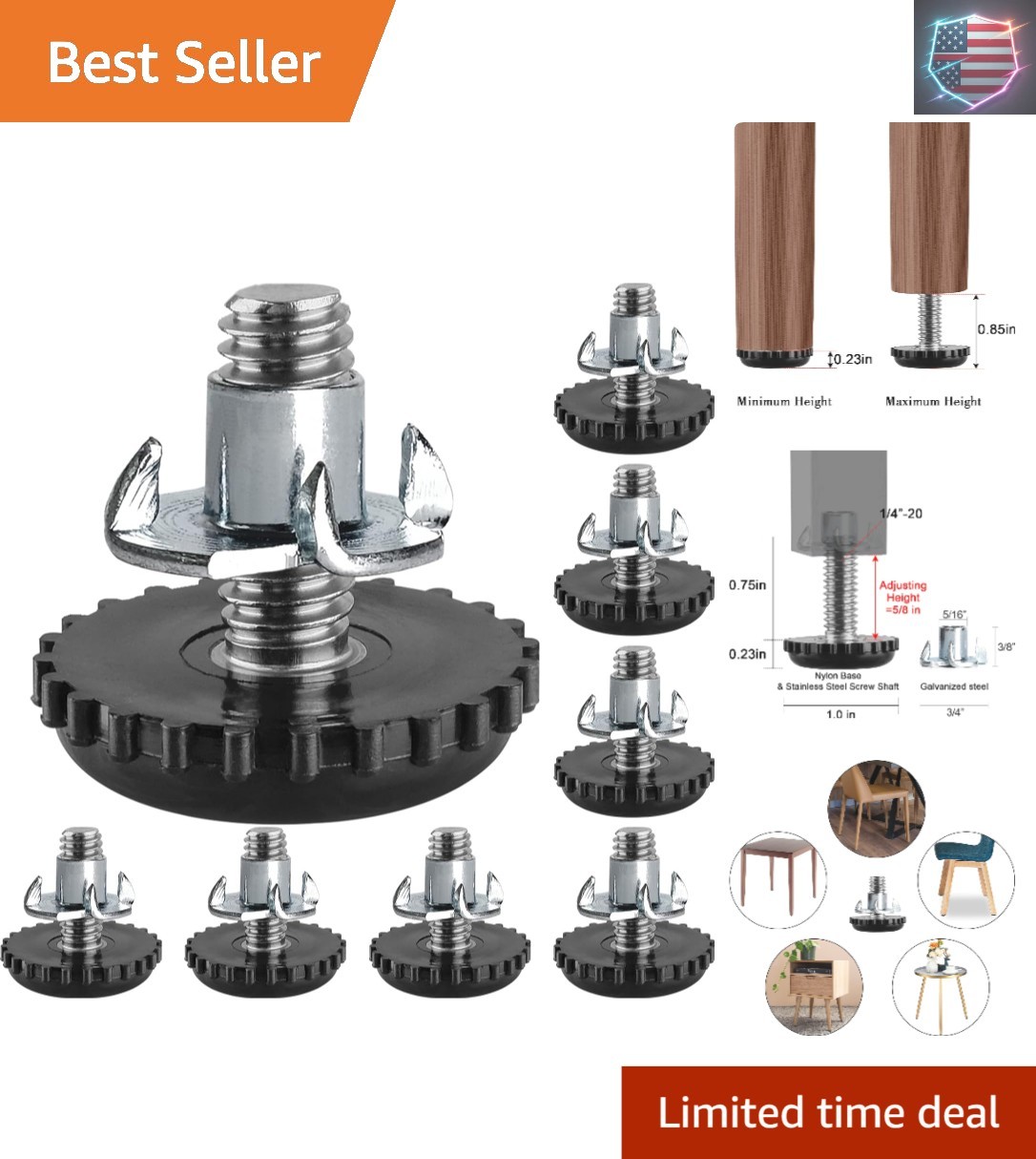 Stainless Steel Patio Furniture Leveling Feet 1/4-20 Screw in Threaded Outdoo…