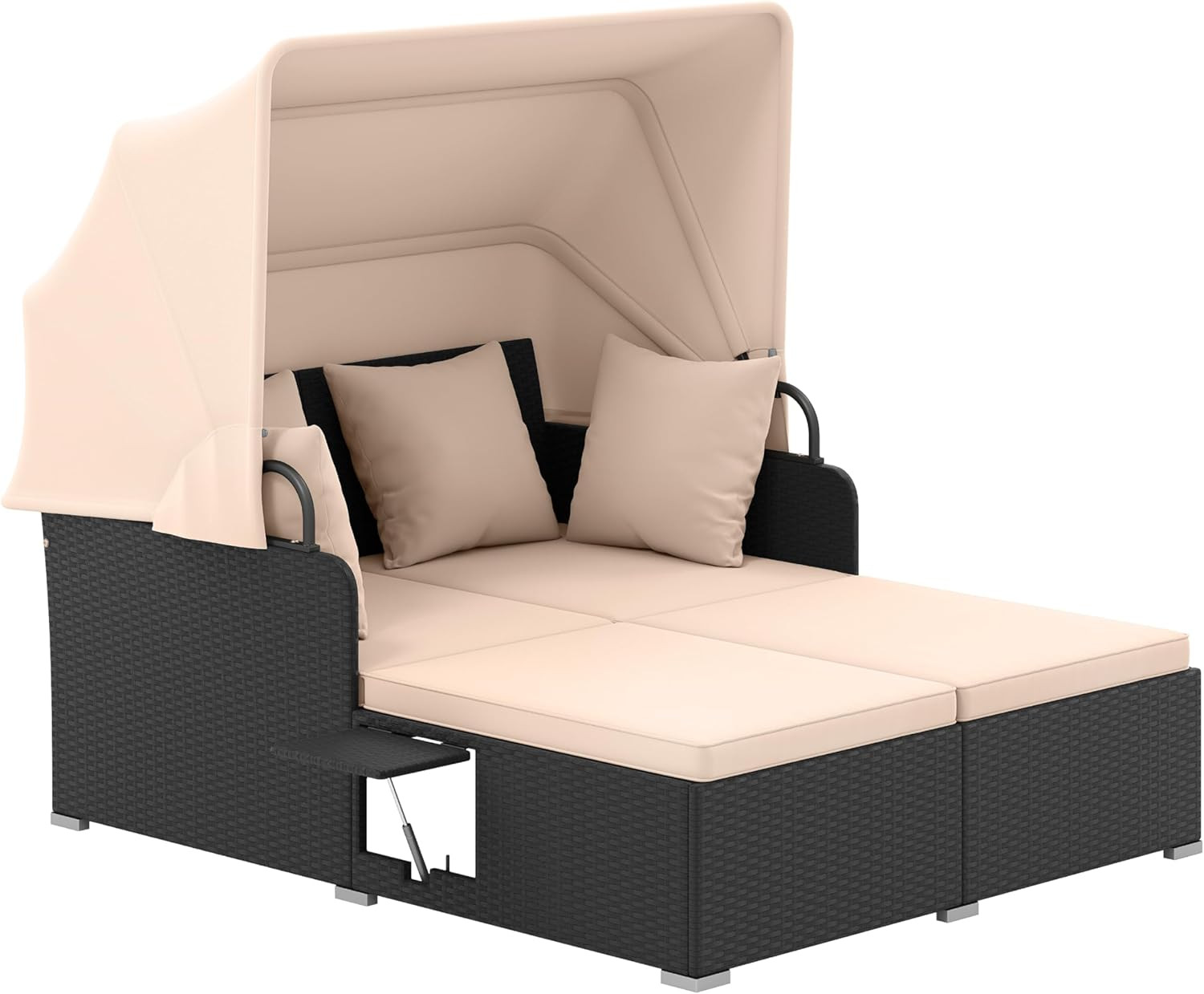 Patio Rattan Daybed with Retractable Canopy, Outdoor Wicker Sunbed Lounger with