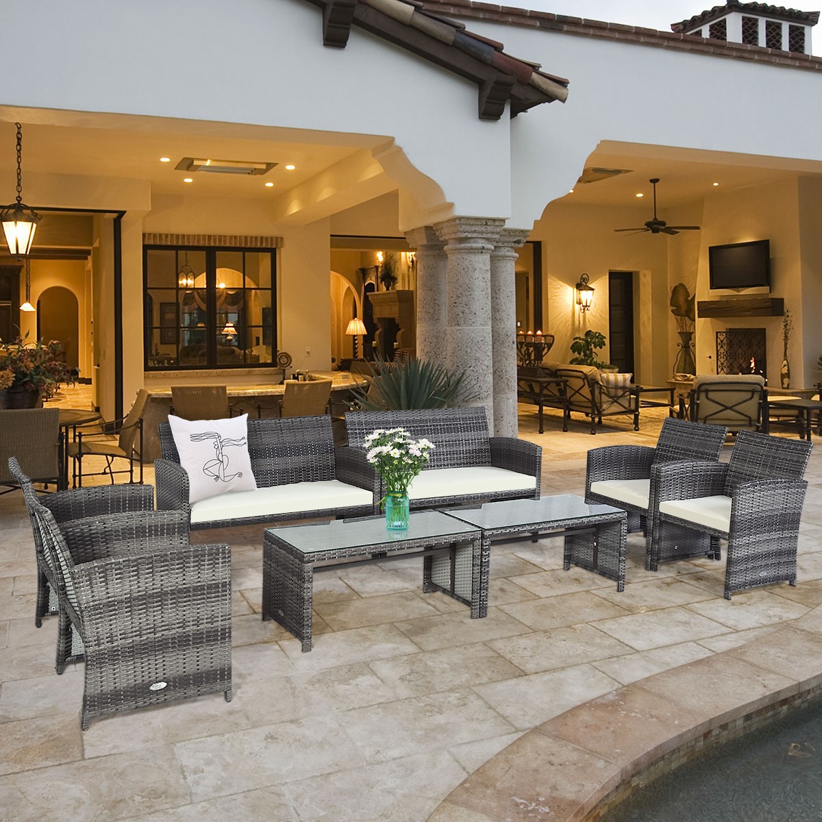8 PC Outdoor Rattan Sofa Set Patio PE Cushioned Couch Loveseat Wicker Furniture