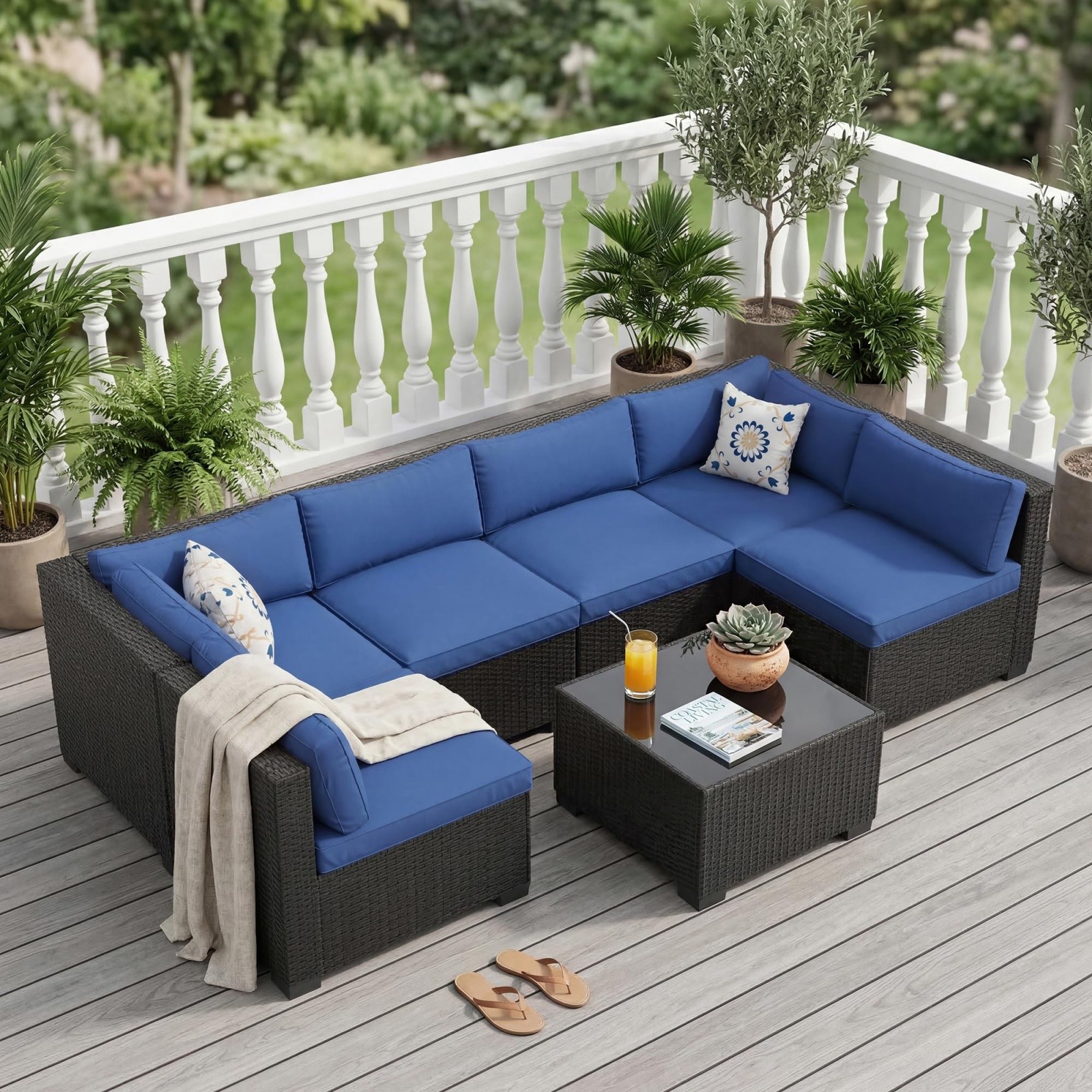 7-Pieces Patio Furniture Set Outdoor Sectional Sofa Rattan Wicker Sofa W/ Table