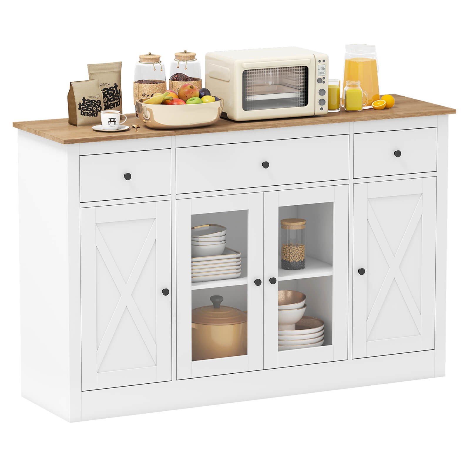 55″ Large Buffet Sideboard with 3 Drawers 2 See-through Doors Adjustable Shelves
