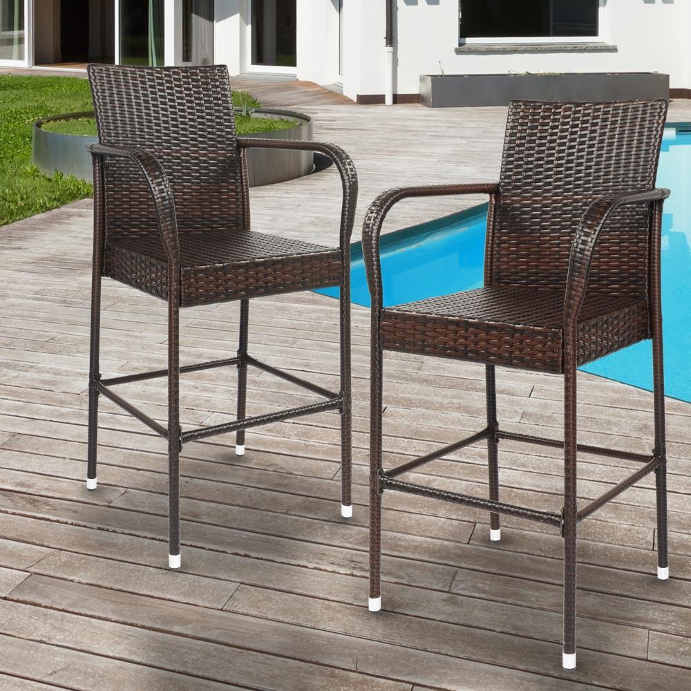 2 Pieces Outdoor Wicker Rattan Bar Stool Set Furniture Club Chairs Outdoor Patio
