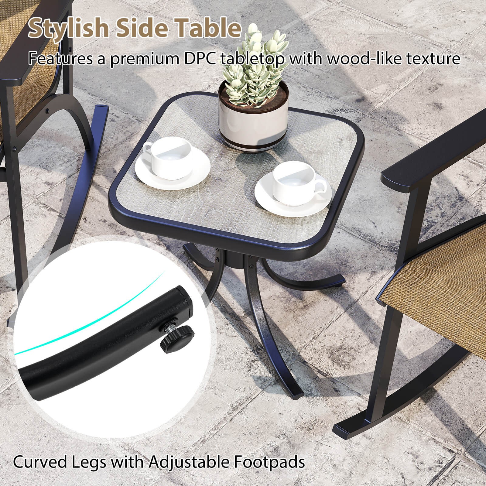 3 PCS Patio Rocker Set w/ High Backrest & Wood-Plastic Tabletop Coffee Table