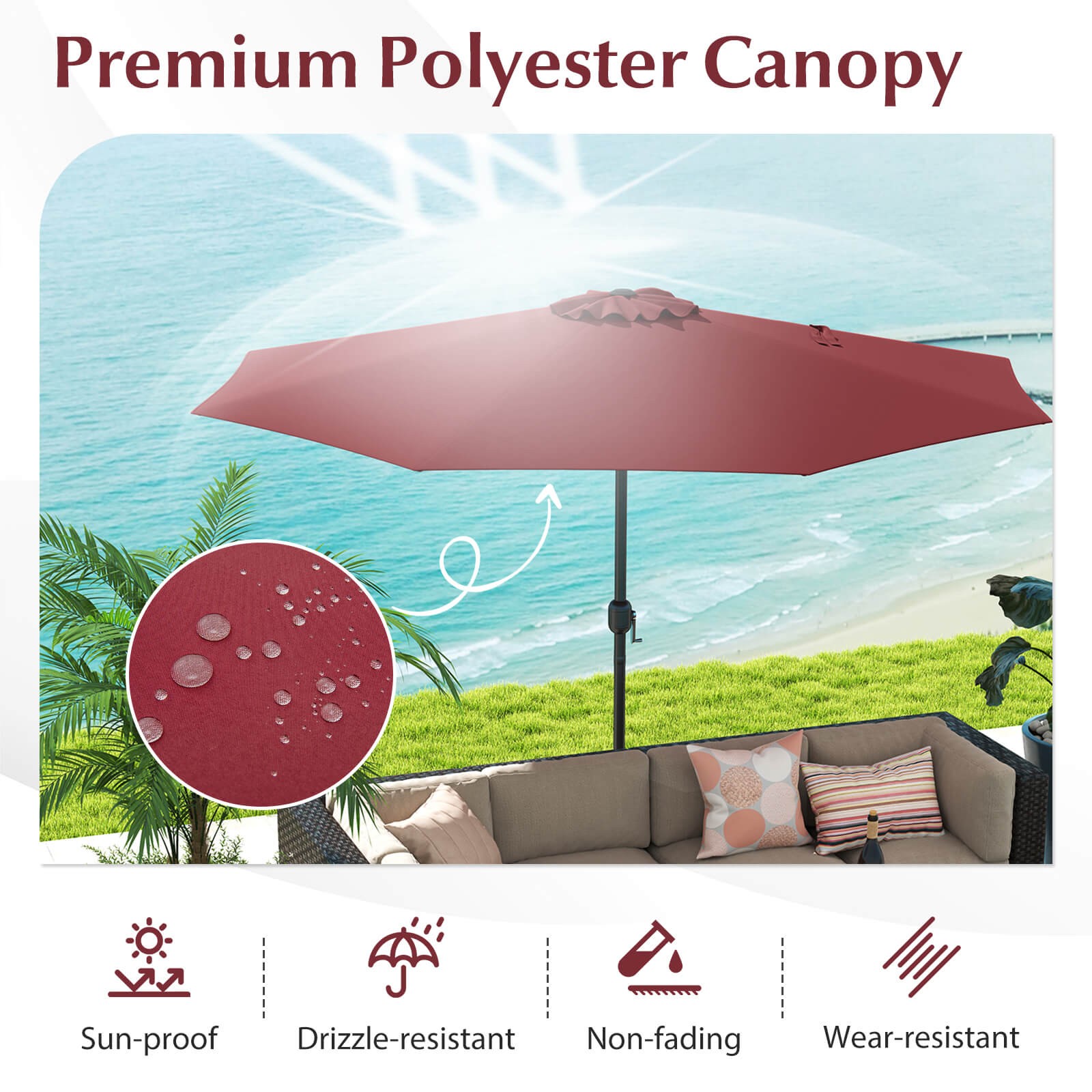 12′ Patio Umbrella Outdoor Market Umbrella w/ Crank Handle 8 Sturdy Ribs Red