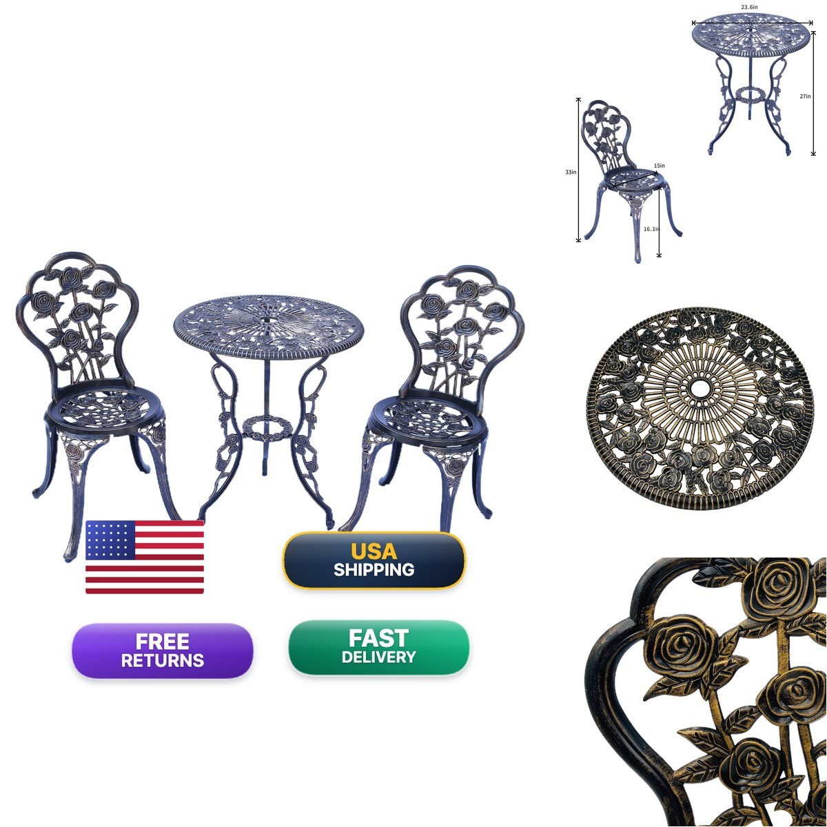 Kaili Outdoor Furniture Bistro Set Rose Pattern 1 Table 2 Chairs For Garden