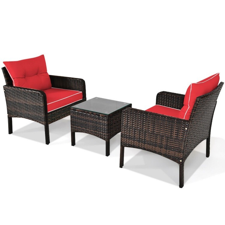 3 Pcs Outdoor Patio Rattan Conversation Set Garden Furniture Cushioned Sofa Red