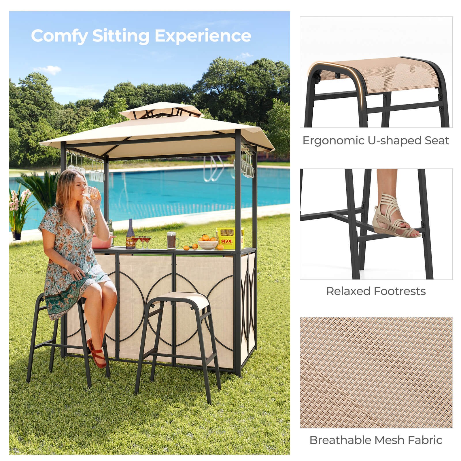 3 PCS Patio Bar Set w/ Tempered Glass Bar Table Metal Storage Shelves for Garden
