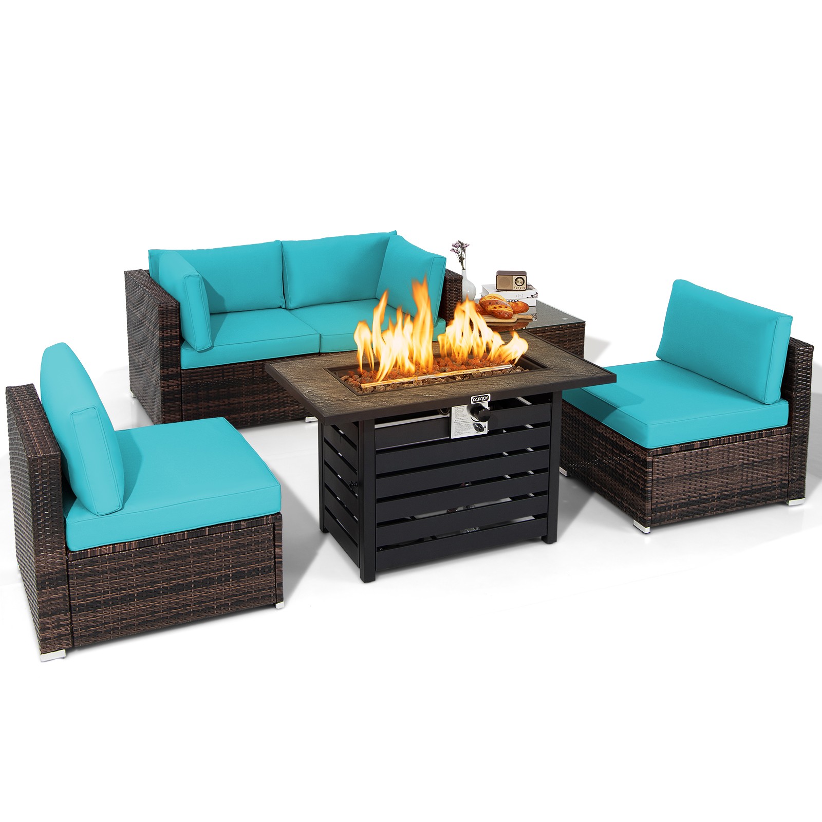 6PCS Patio Rattan Furniture Set w/ Fire Pit Table 50,000 BTU Heat Output