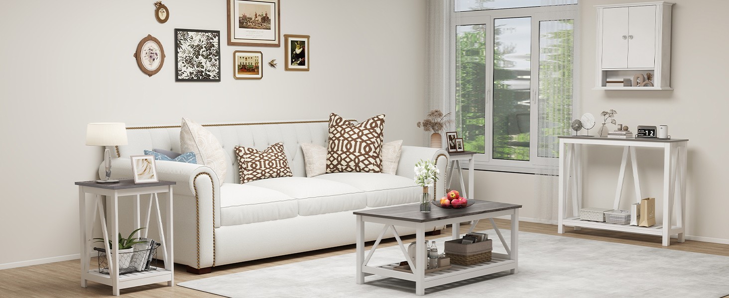 Farmhouse Coffee Table, White Oak Coffee Table for Living Room, 2-Tier