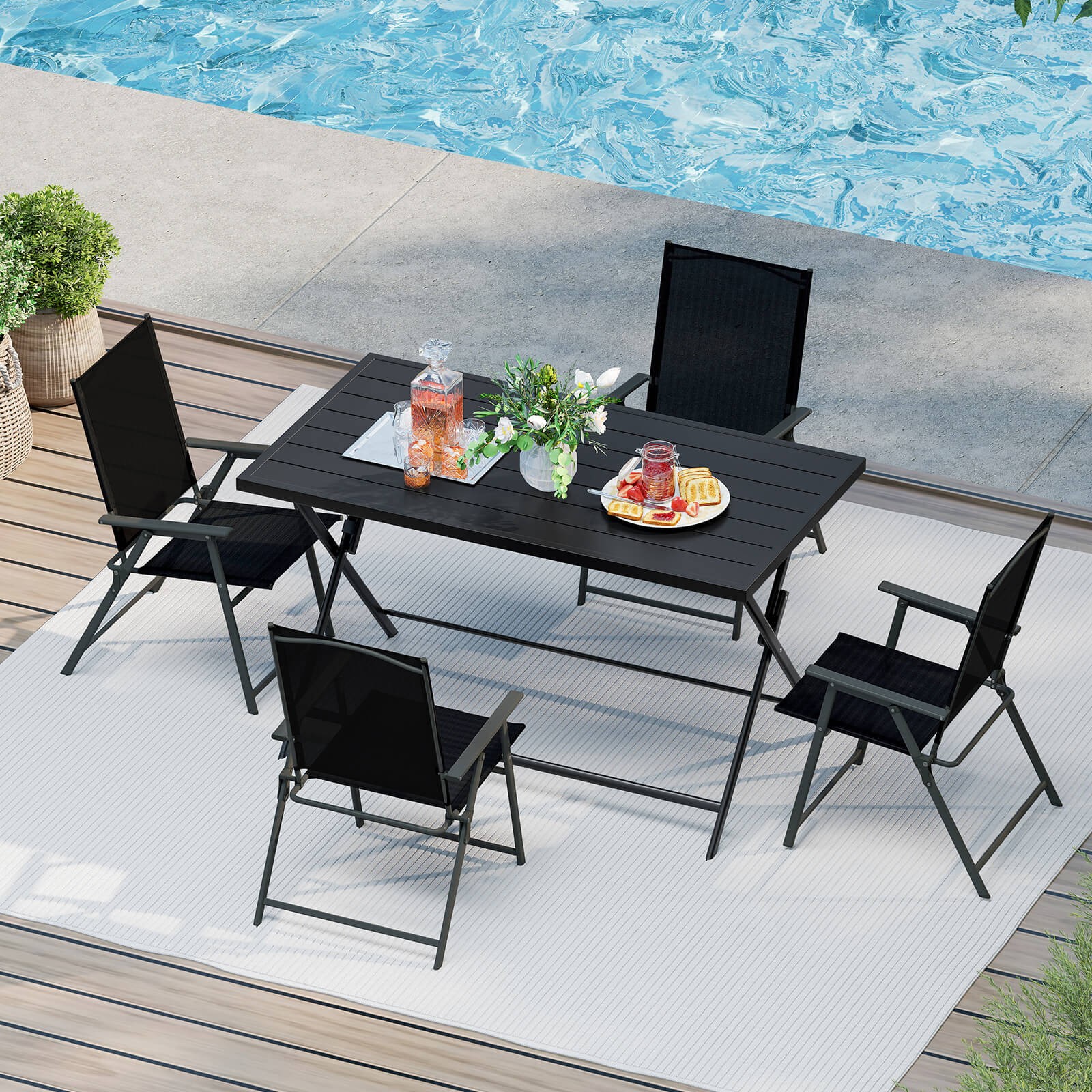 5PCS Foldable Outdoor Dining Set,Large Rectangular Metal Table 4 Mesh Armchairs