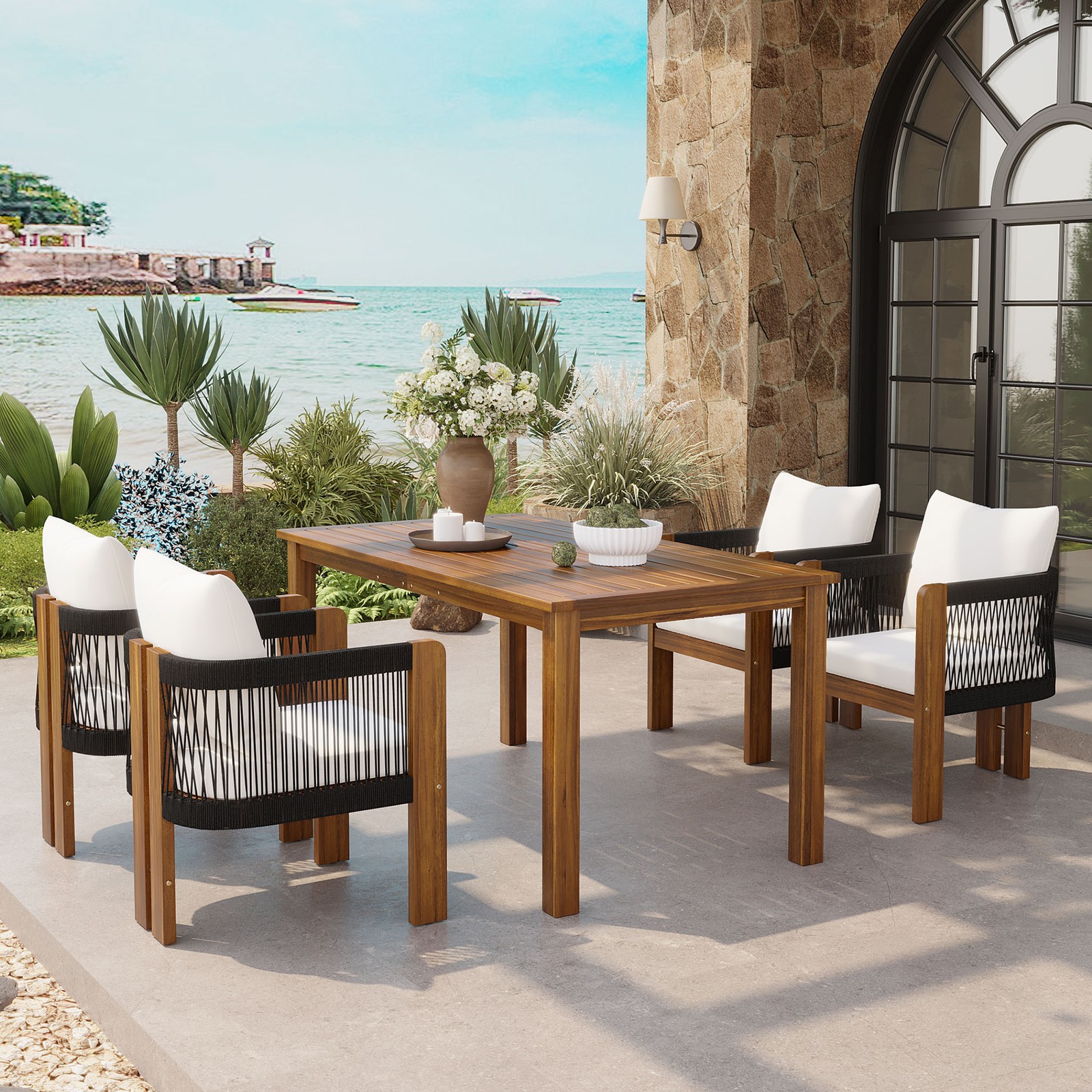 Acacia Wood Outdoor Patio Dining Set for 4 with Rope Woven Chairs & Cushions