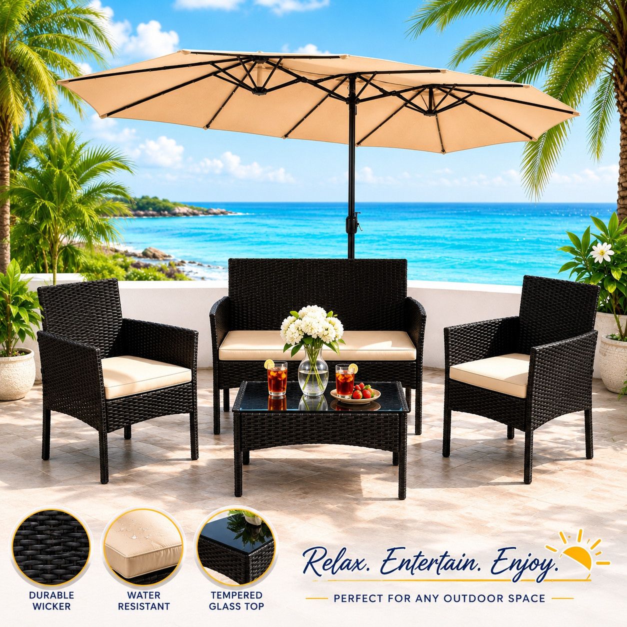 4PCS Patio Rattan Conversation Set Outdoor Furniture Cushion Sofa Beige Cushions