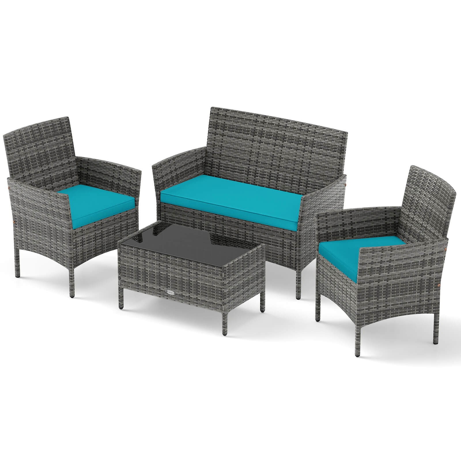 4 PCS Patio Furniture Set w/Washable Cushions and Tempered Glass Coffee Table