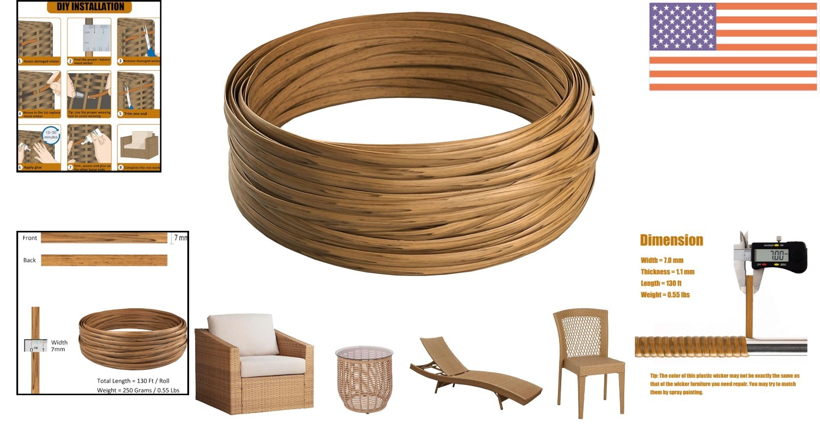 130 Ft Wicker Repair Kit – Light Wood Grain Synthetic Rattan for Patio Furniture