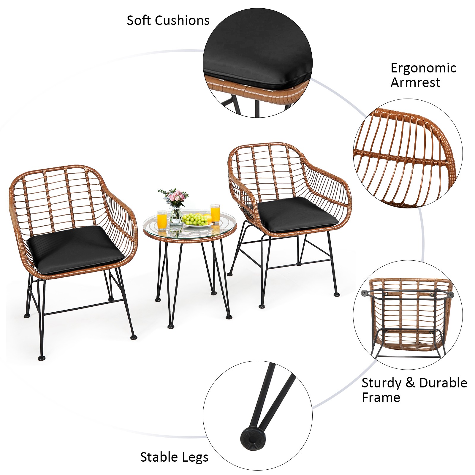 Patiojoy 3PCS Patio Rattan Bistro Set Coffee Table Armchair with Black Cushion
