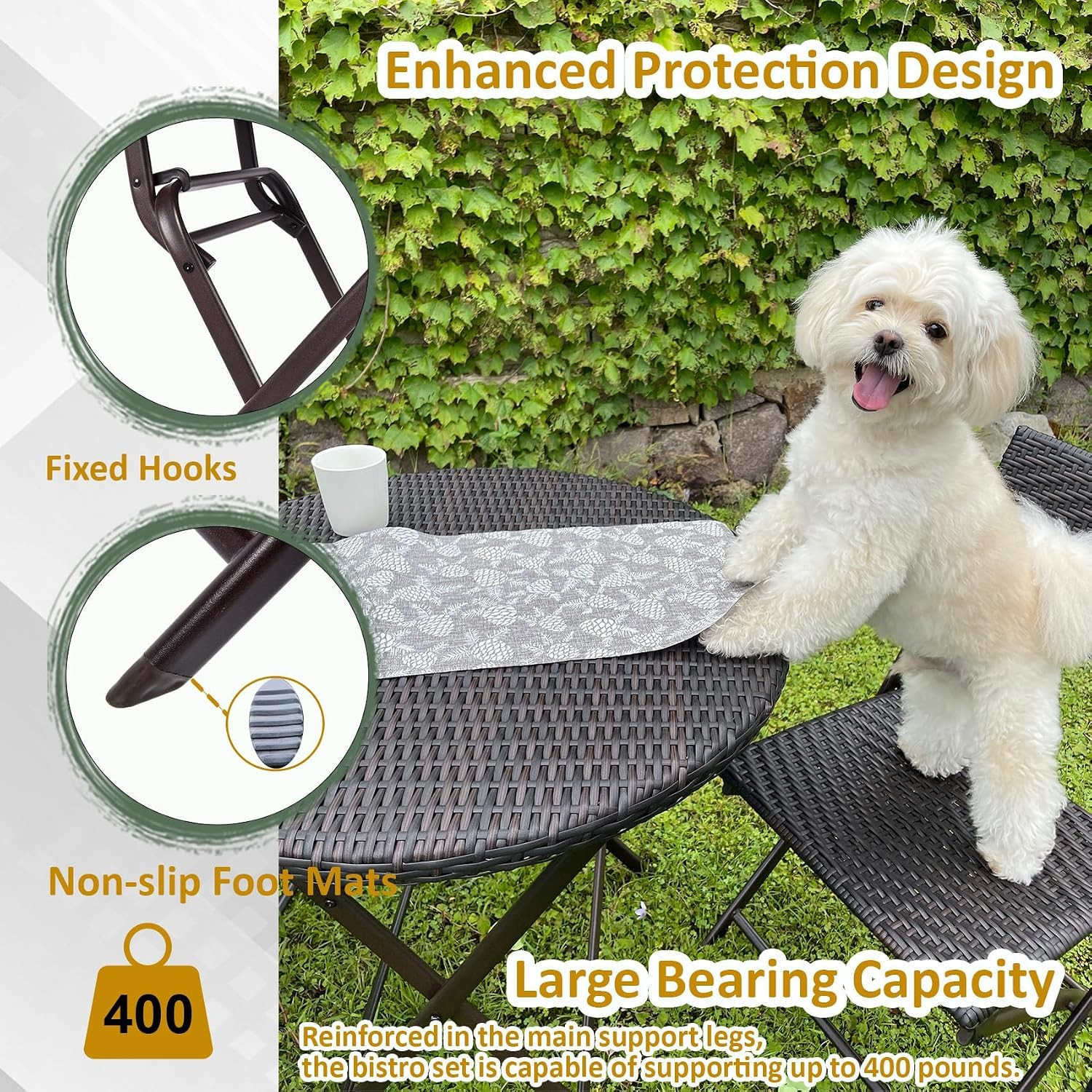 3 Pieces Folding Bistro Set PE Wicker Rattan Outdoor Patio Furniture Sets with F