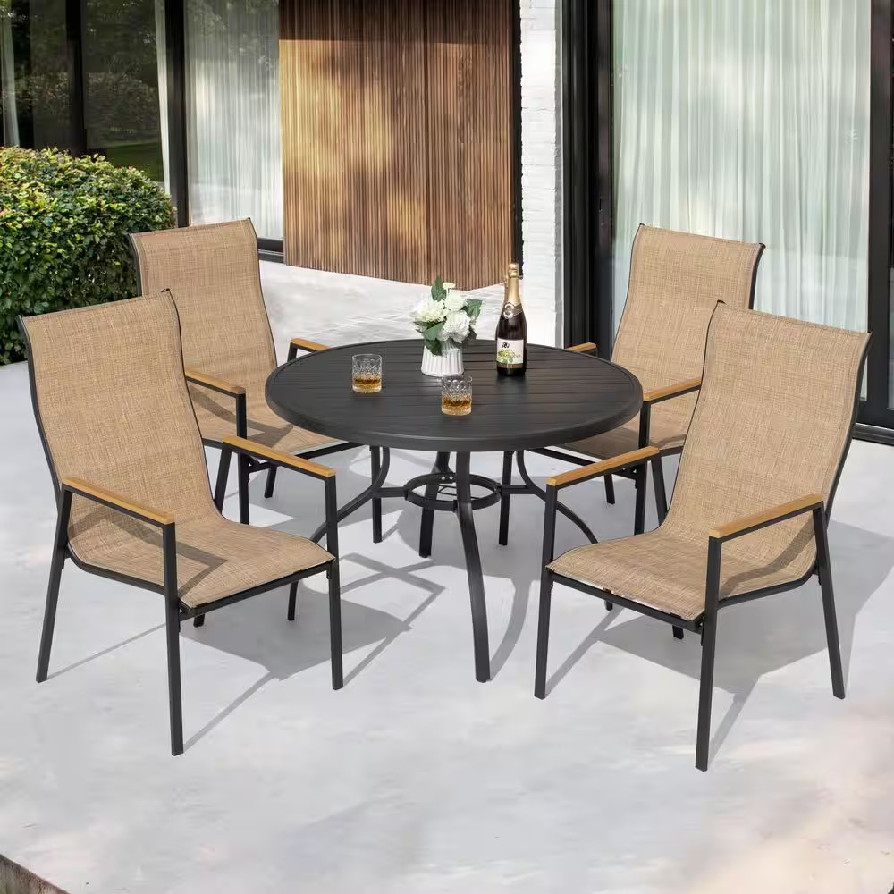 Black 5-Piece Textilene, Faux Wood and Metal round Outdoor Dining Set with Umbre