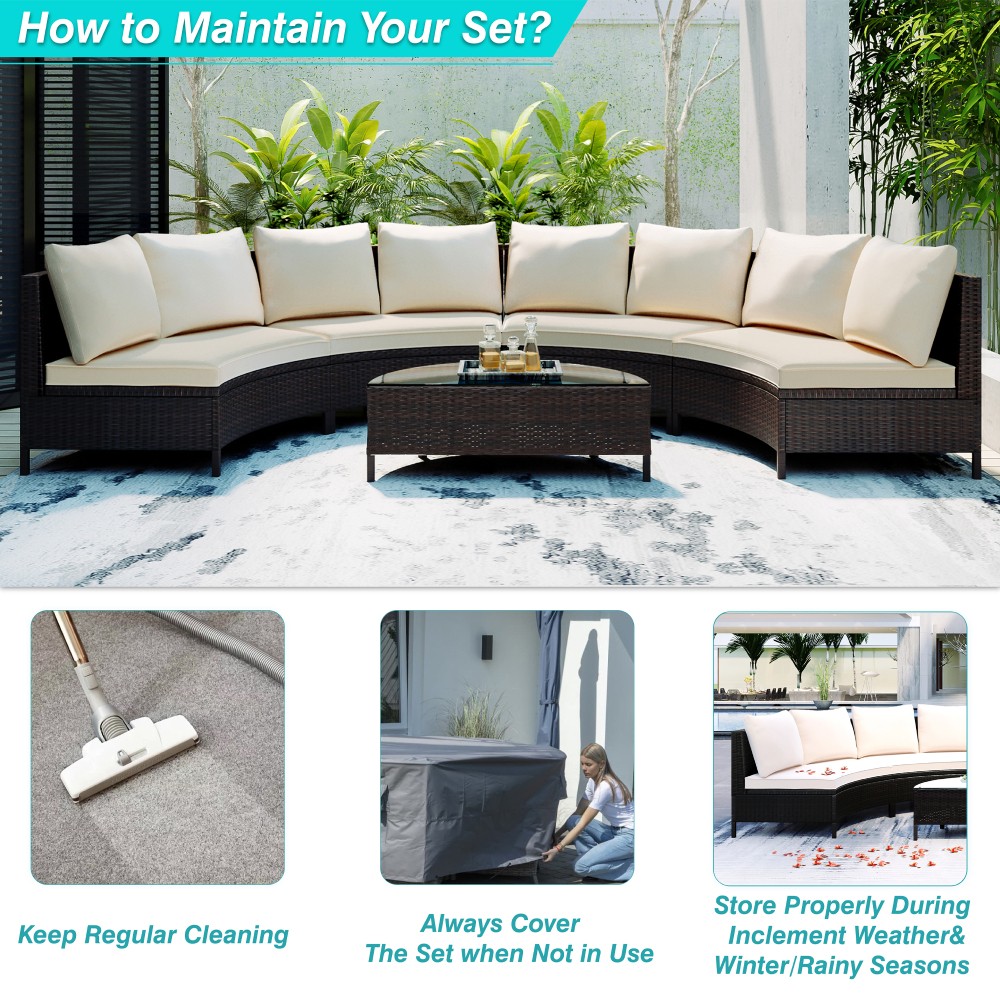 5-Piece All-Weather PE Rattan Patio Sectional Sofa Set with Glass Table