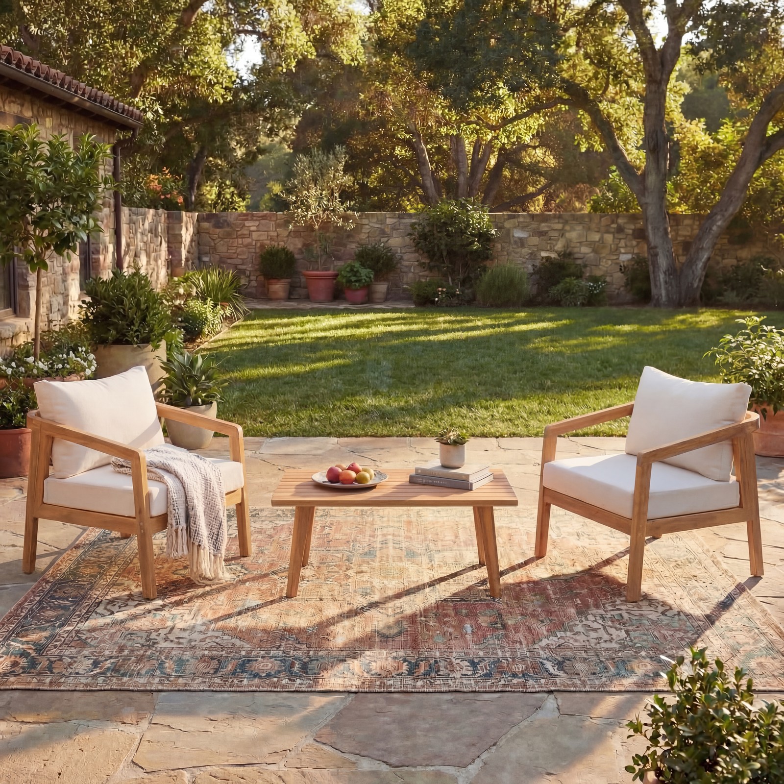 Acacia Wood Outdoor Patio Sectional Sofa Set with Waterproof Cushions