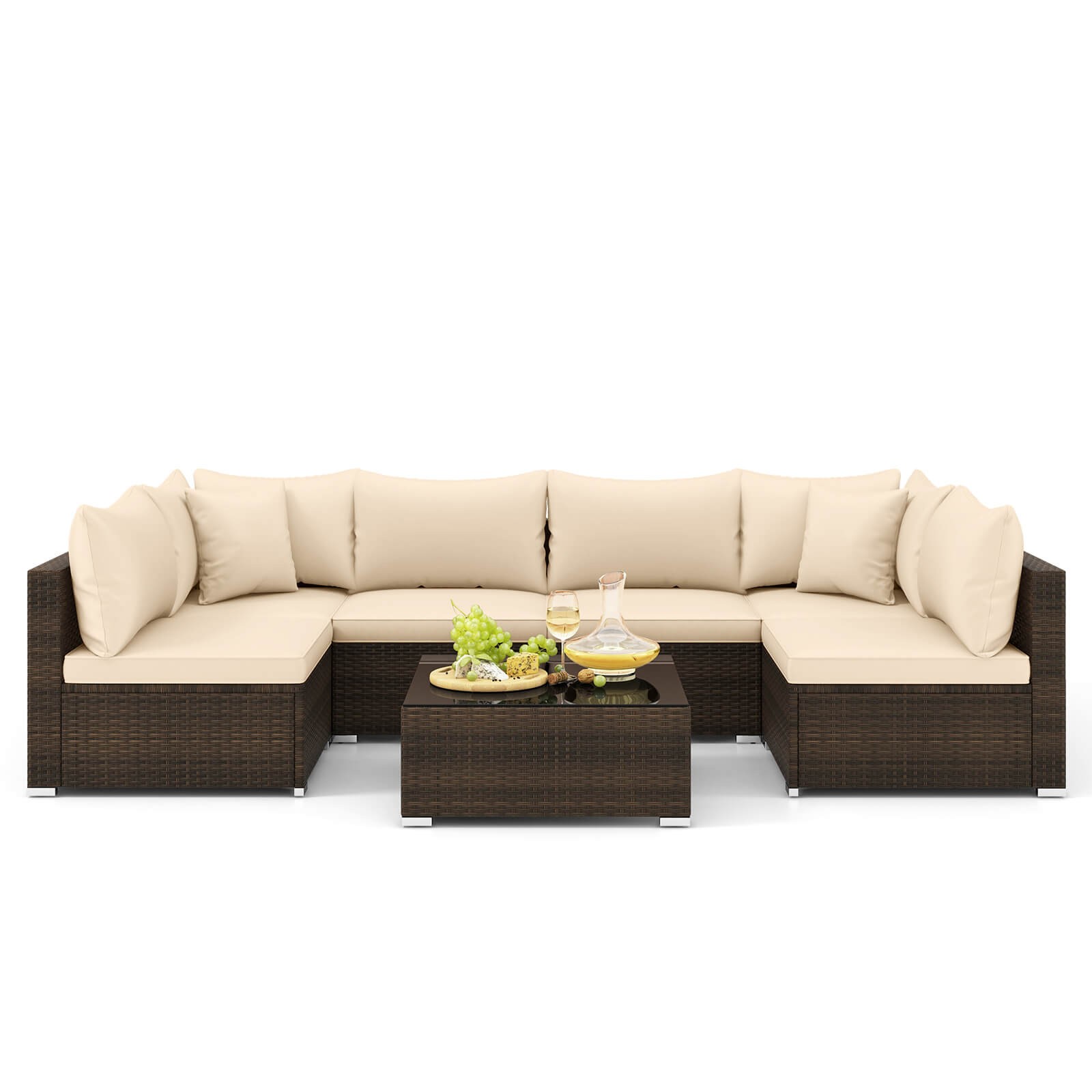 Patio 7 PCS Rattan Furniture Set Sectional Sofa Cushioned Garden Beige