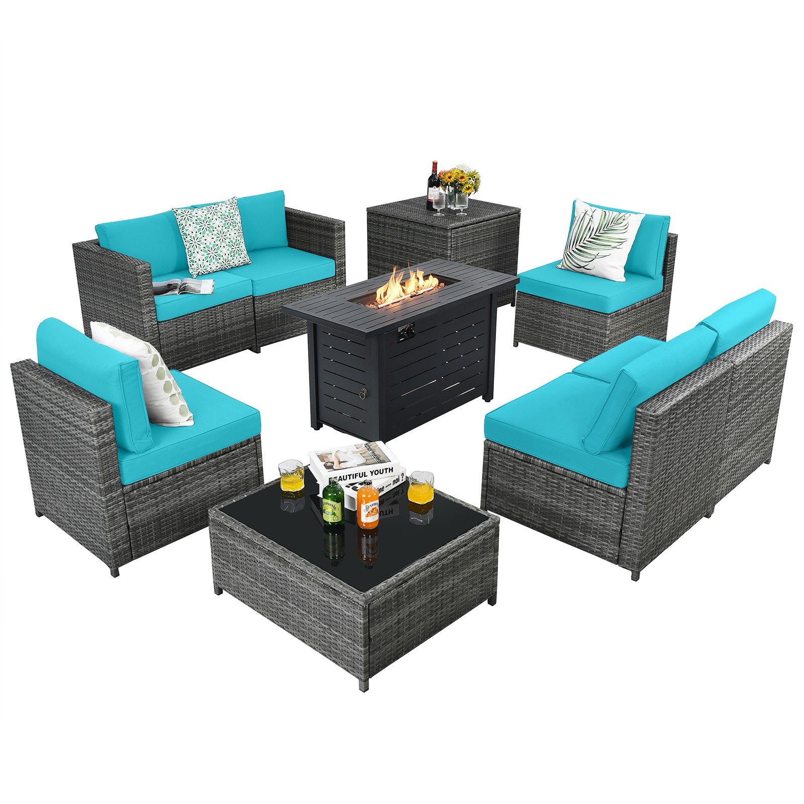 9PCS Rattan Furniture Wicker Sofa Set w/ 60,000 Btu Heater Propane Gas Fire Pit