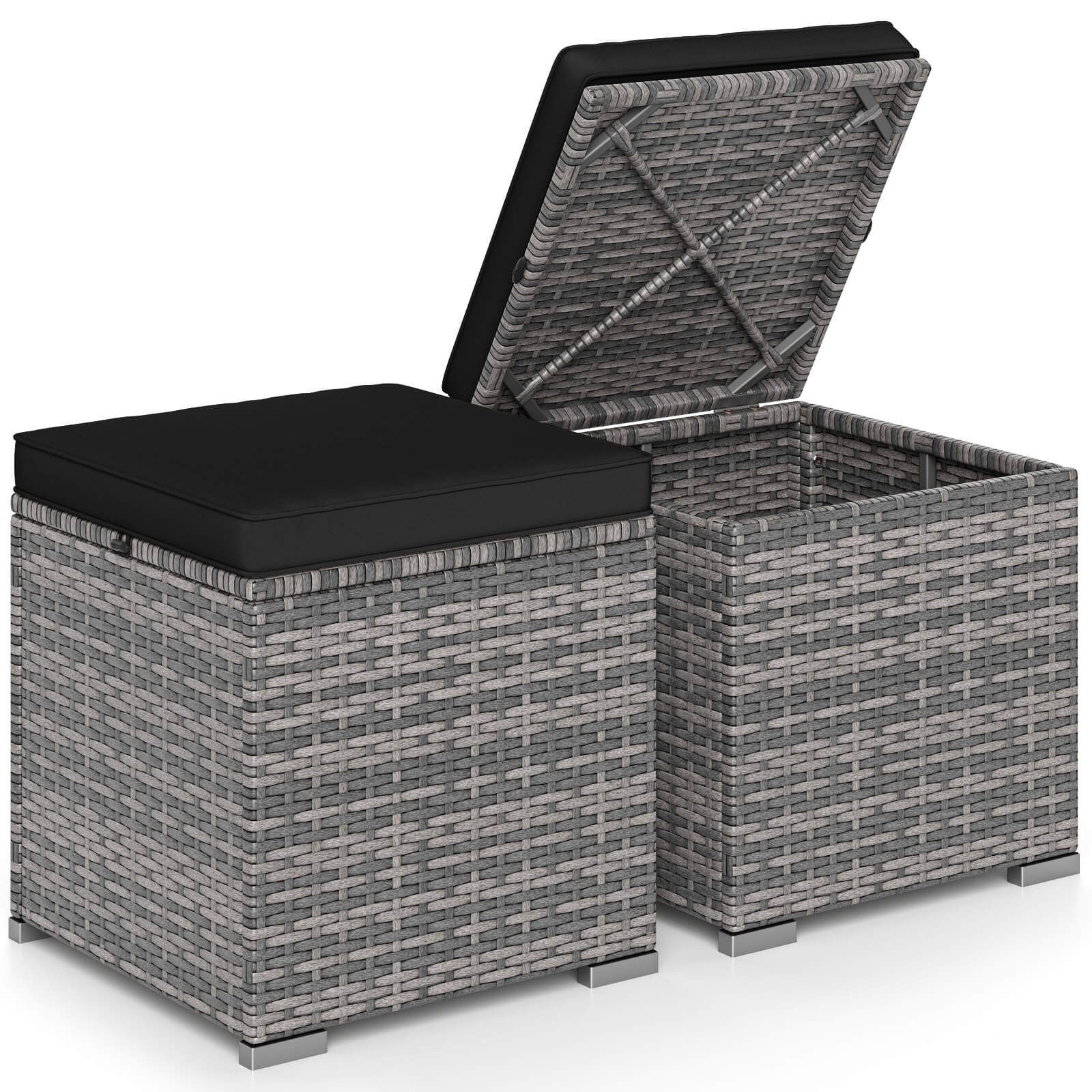 2PCS Patio Rattan Ottomans Seat Side Table Storage Box Footstool W/Cushion Black