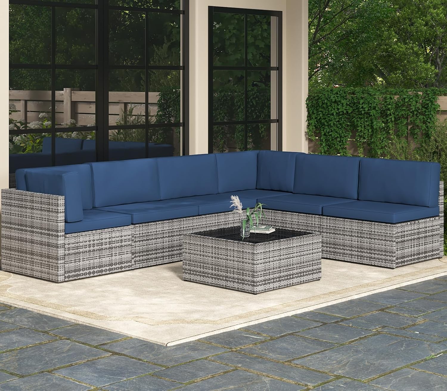7 Piece Outdoor Furniture Set Patio Sectional Conversation Set with Coffee Table