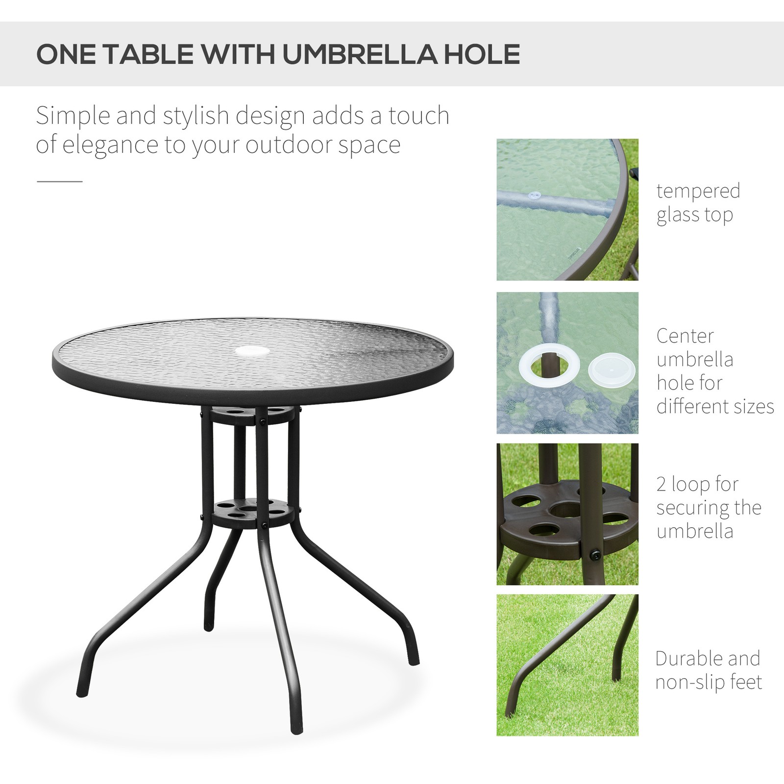 6 Piece Patio Dining Set with Umbrella, 4 Folding Chairs & Glass Table, Black