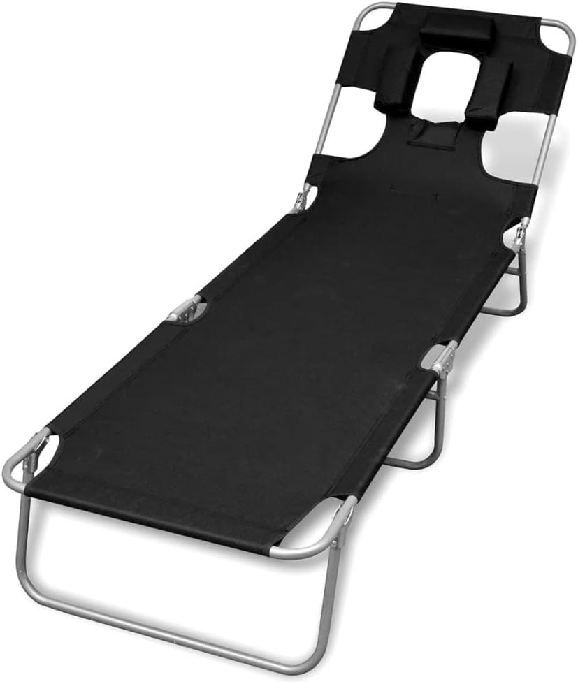 Patio Lounge Chair, Folding Sunlounger with Backrest, Sunbed with Head Cushion,