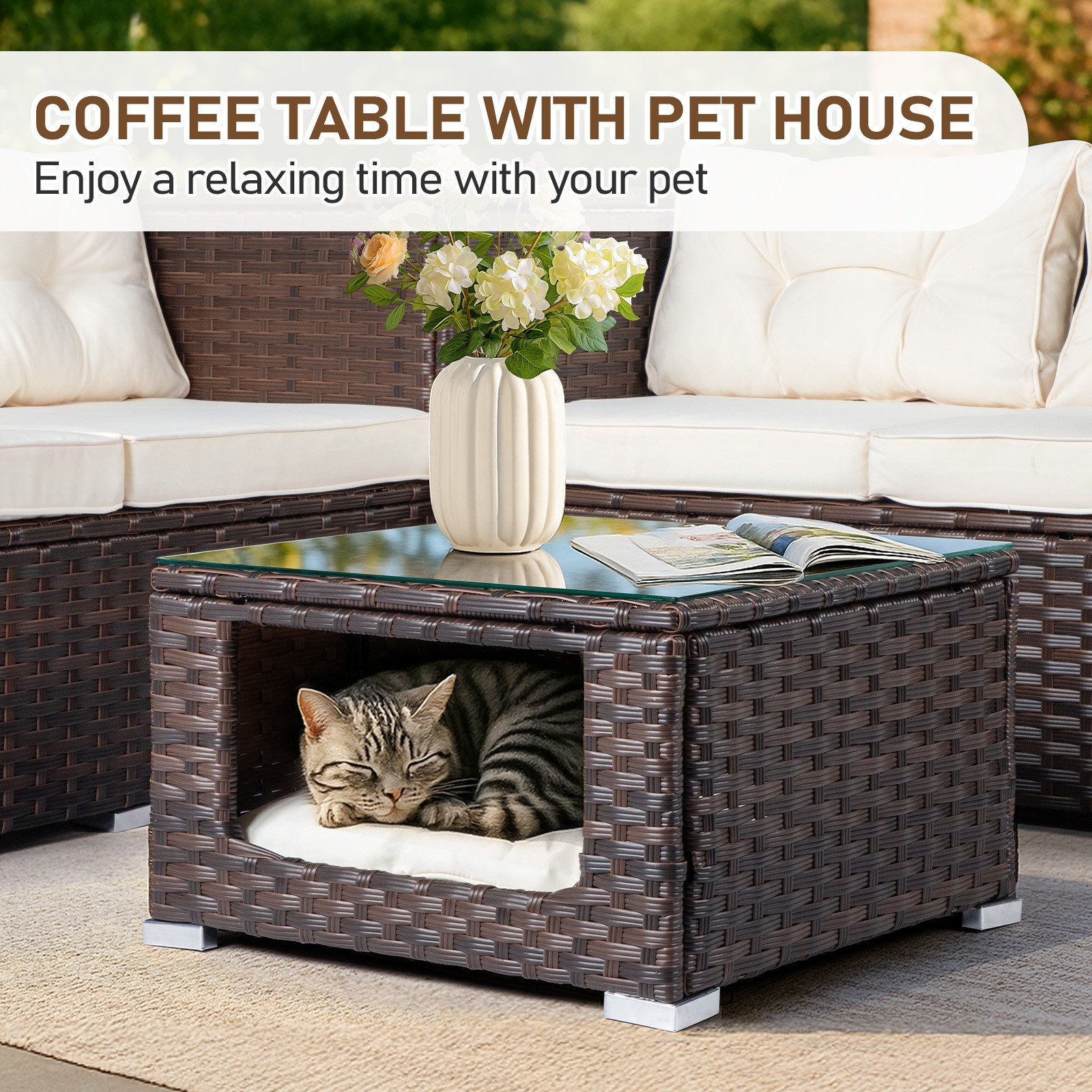 Patio 4 PCS Rattan Sectional Furniture Chair Set with Pet Coffee Table, Cushion