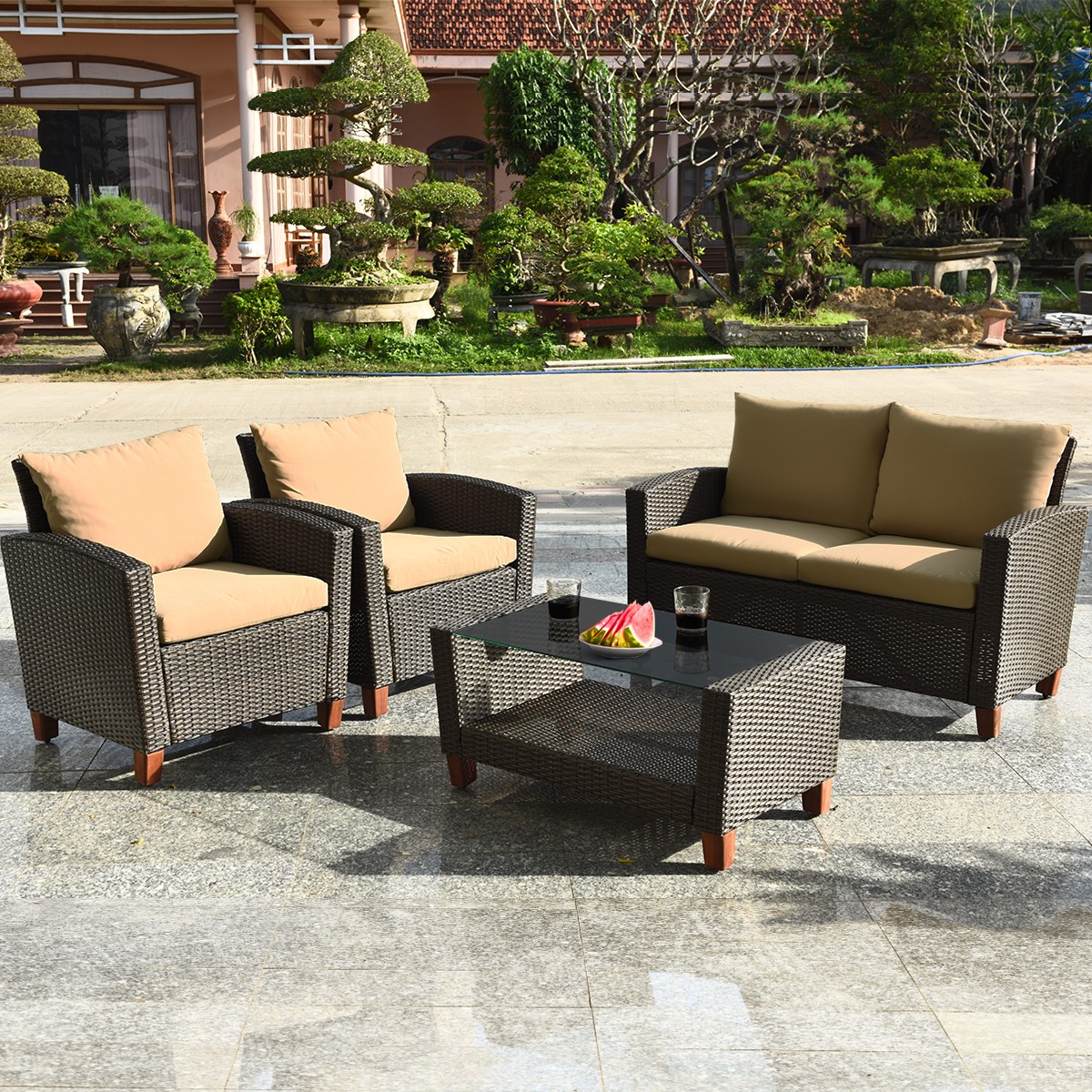 4PCS Patio Rattan Home Set Solid Wood Cushioned Sofa Garden Outdoor Indoor
