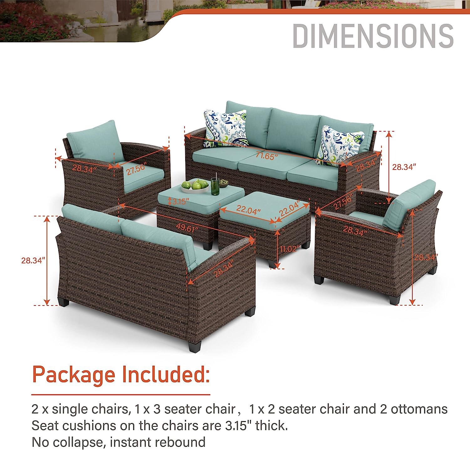 6 Pieces Patio Furniture Set Outdoor Conversation Set for Lawn Backyard 9-Seats