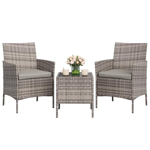 GAOMON 3-Piece Patio Furniture Set, Modern PE Rattan 3 Pieces Grey/Light Grey