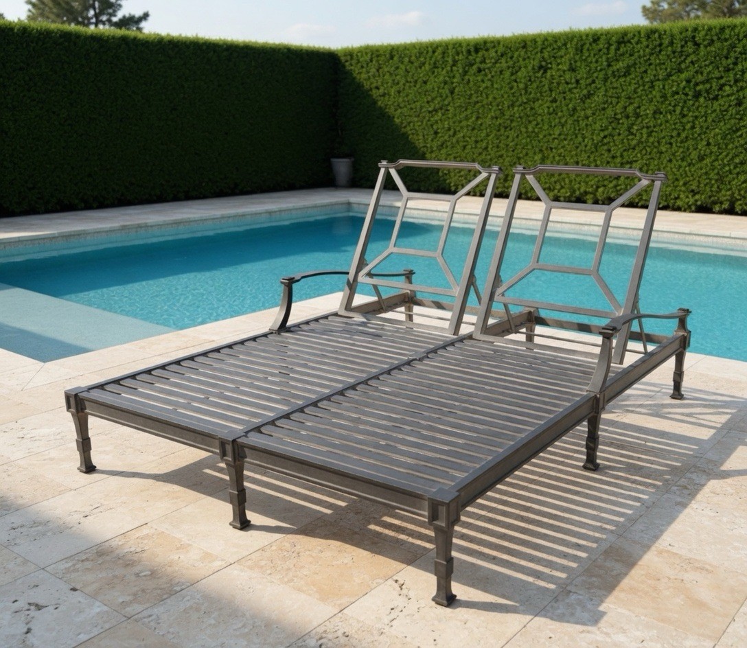 RH Vintage Style Cast Aluminum Patio Double Chaise Lounge Chairs – Set of 2