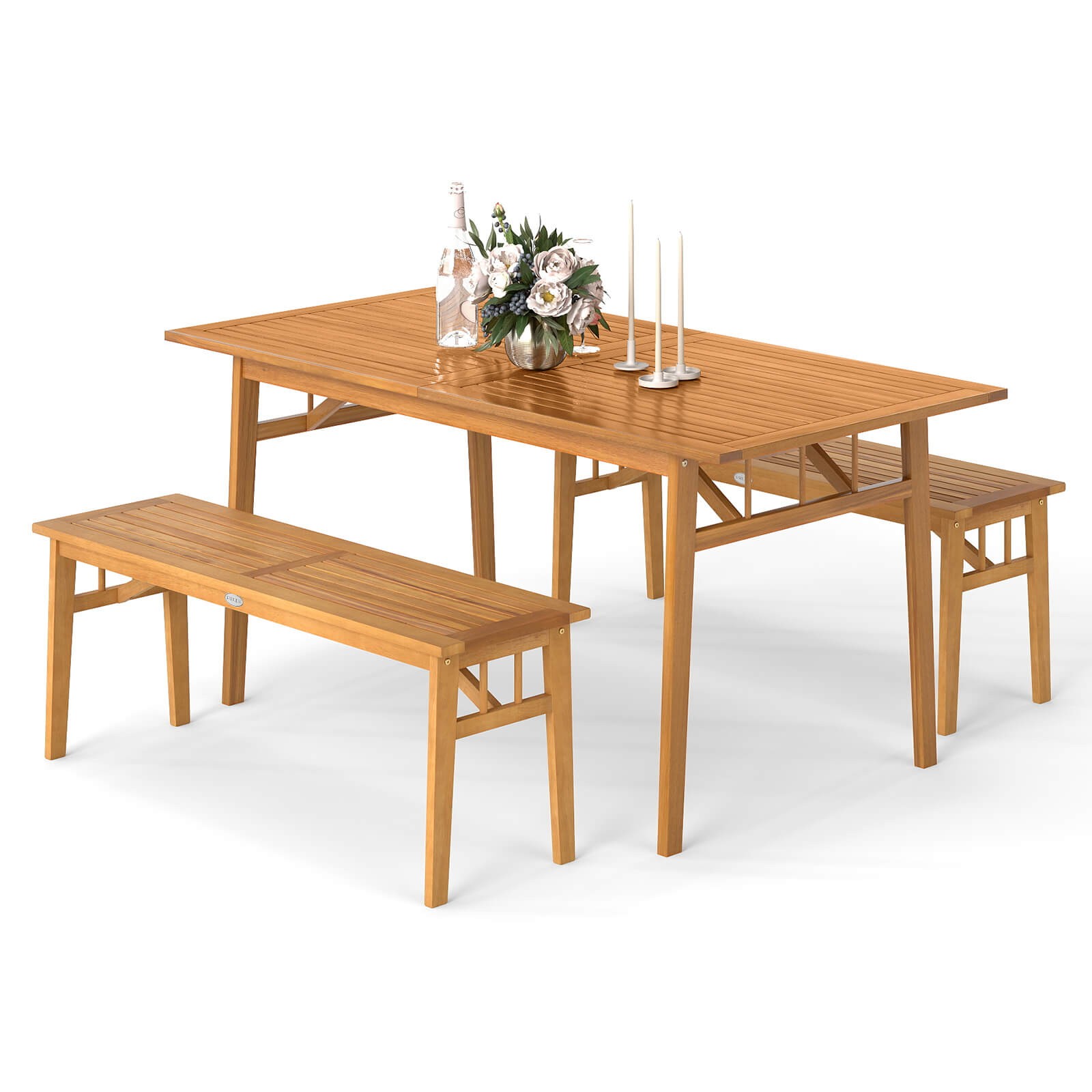 3PCS Patio Dining Set Rectangular Picnic Table & 2 Benches w/1.97” Umbrella Hole