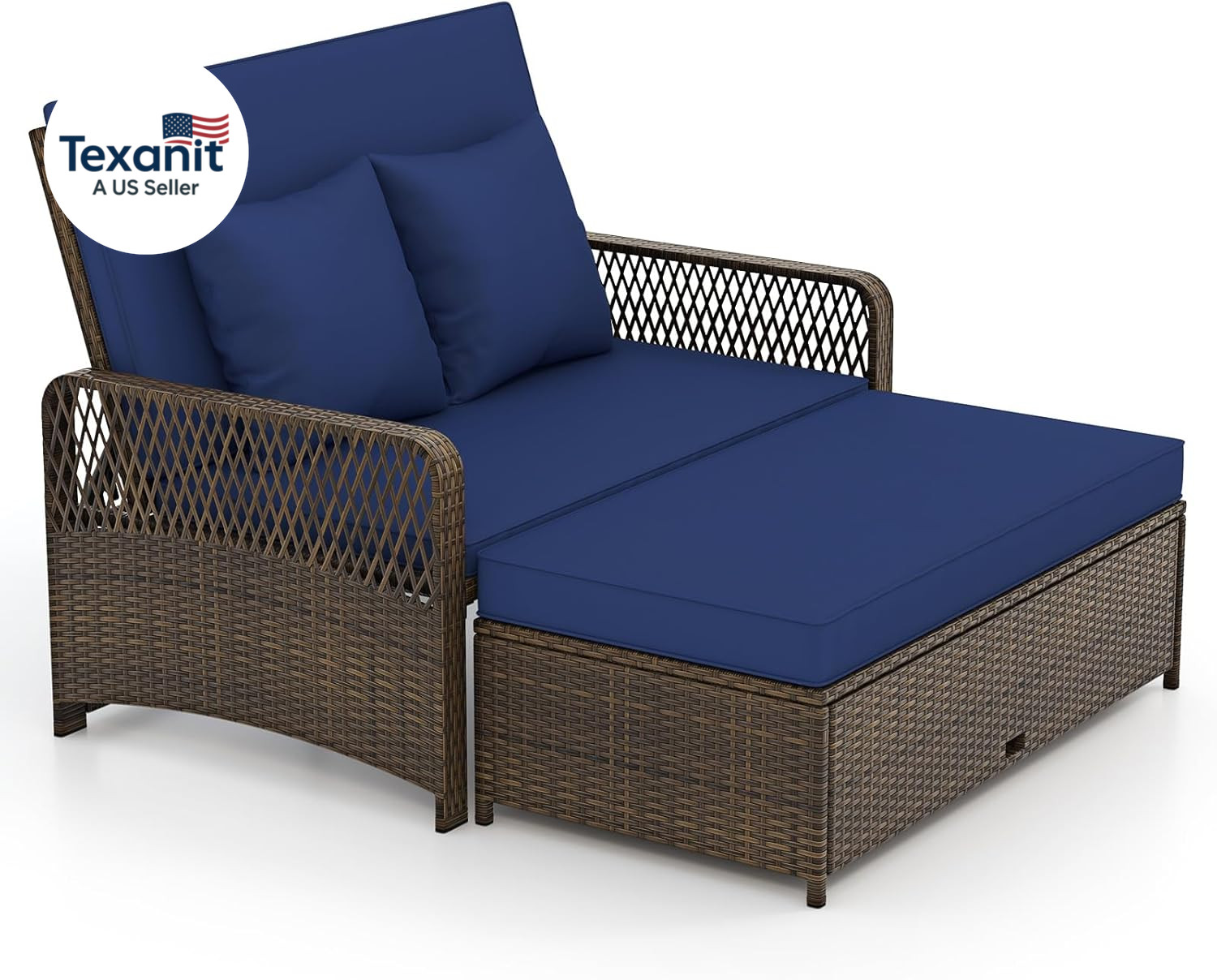 Patio Rattan Daybed with 4-Level Adjustable Backrest, 2-Person Outdoor Wicker Lo