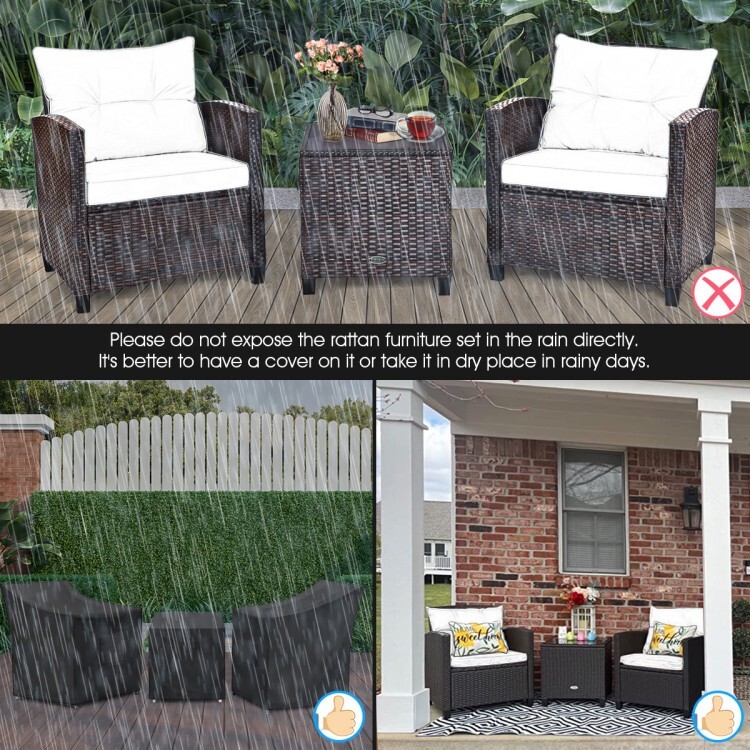 3 Pieces Outdoor Patio Sofa PE Rattan Wicker Furniture Conversation Set Cushion