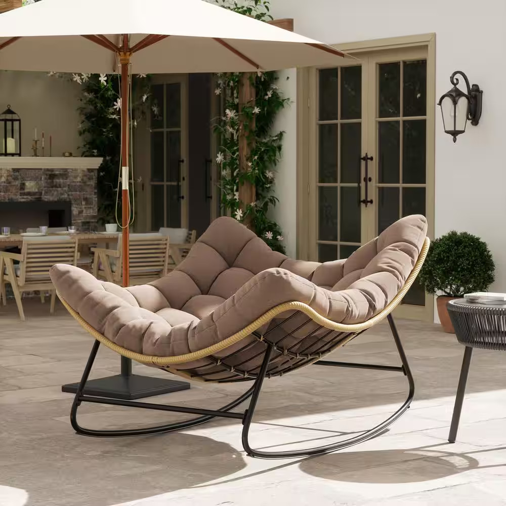 1-Piece Metal and Wicker Outdoor Rocking Recliner with Khaki Cushion
