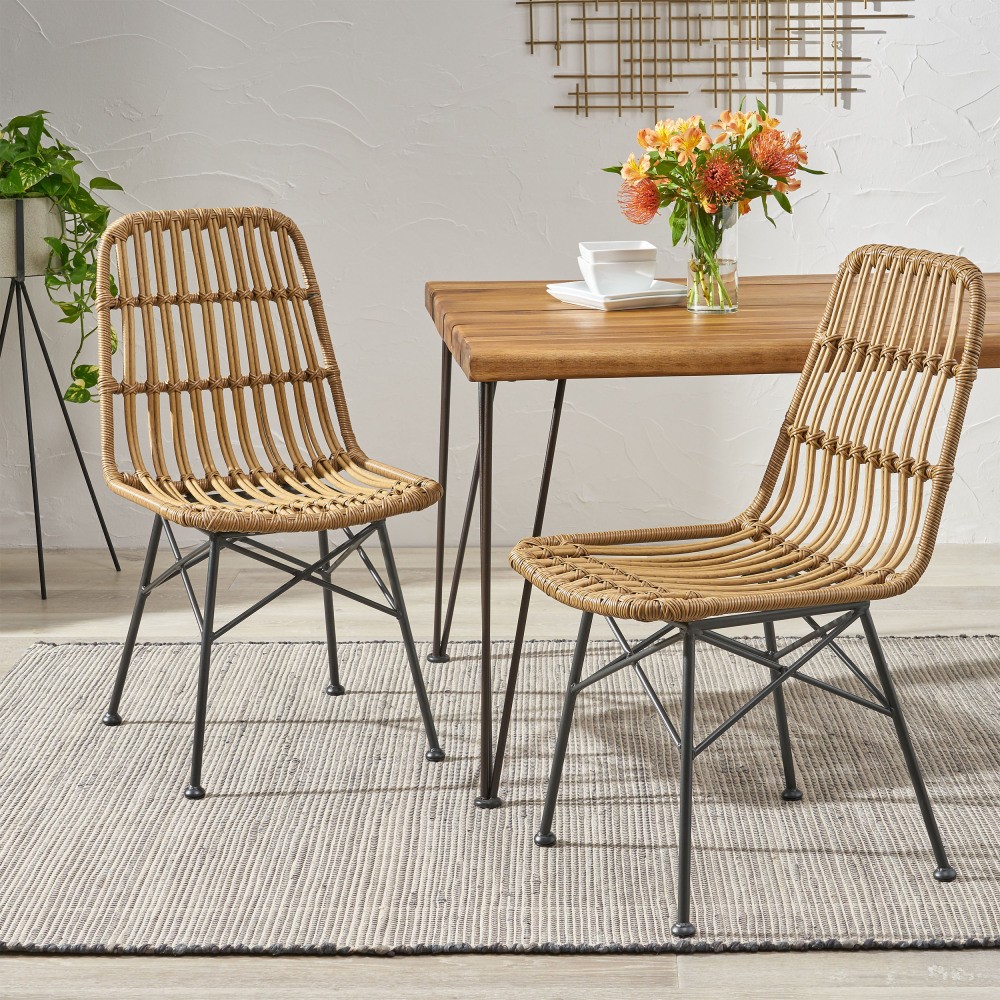 Rattan Dining Chair Outdoor Patio Set of 2, Light Brown Wicker Stackable Chairs